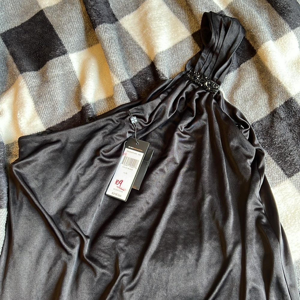 BCBGMAXAZRIA One Shoulder Little Black Dress With Jewel detail. Size Large - Picture 2 of 15